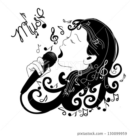 happy cute little kid girl sing a song. Logo monochrome of a children's vocal studio. hand drawn. Not AI, Vector illustration happy cute little kid girl sing a song. Logo monochrome of a children's vocal studio. hand drawn. Not AI, Vector illustration 130899959