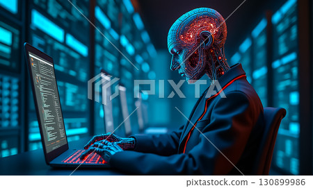 Futuristic humanoid interface operating a laptop in a high-tech environment during nighttime 130899986
