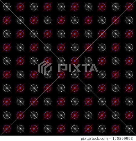 Abstract repeating pattern of circular stars on black background. A repeating abstract pattern of circular stars alternating with red and white light effects. 130899998