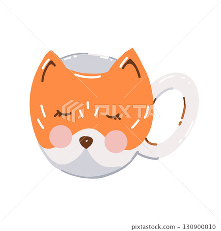 Cute cup in the shape of a fox head. Vector flat illustration isolated on white background. Cozy autumn mug. Mug with an animal. 130900010