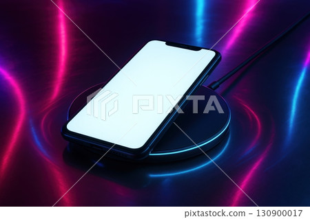 Smartphone charging on wireless pad with vibrant neon lights in a modern setting 130900017