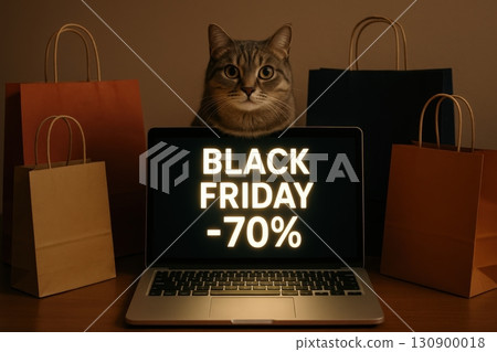 Cat observes Black Friday sale on laptop surrounded by shopping bags in a cozy indoor setting with warm lighting 130900018