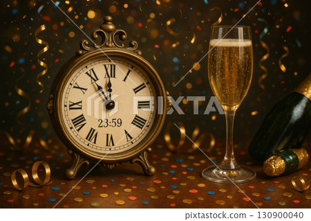 Countdown to midnight with sparkling wine and festive decorations for New Year's celebration 130900040