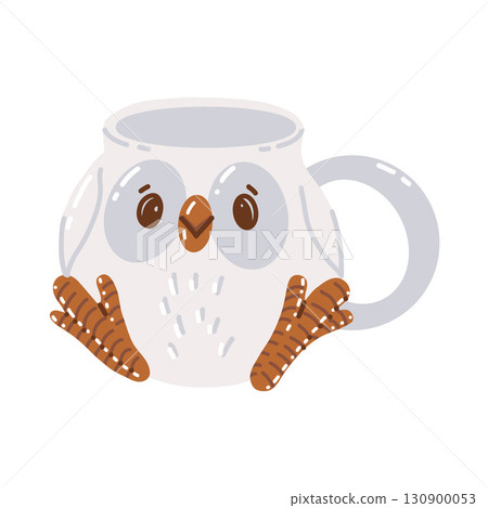 Cute owl shaped cup. Vector flat illustration isolated on white background. Cozy autumn mug. Mug with animal. 130900053