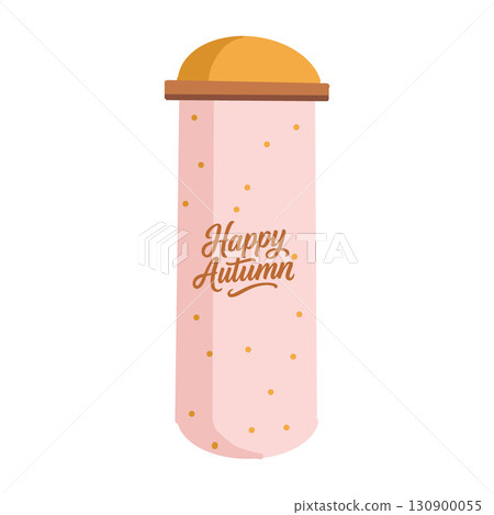 Cute pink thermos with Happy autumn inscription. Accessory for woman, girl. Travel thermo mug, glass for hot drinks. Autumn artifact. Vector flat illustration isolated on white background. 130900055