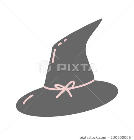 Witch or wizard hat in gray and pink colors. Halloween party outfit, childrens parties, birthdays, magic accessory. Mystical hat isolated on white background. Cute vector flat illustration. 130900066
