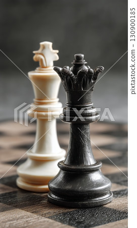 Black and White Chess Pieces Poised for Strategic Gameplay on a Wooden Board. 130900185