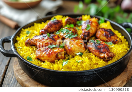 Chicken Wings Served on Flavorful Yellow Rice in a Rustic Kitchen Setting With Herbs Around 130900218