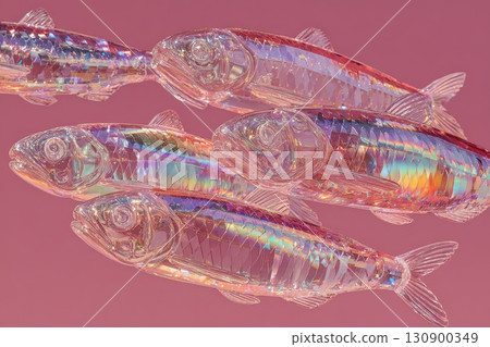 Closeup view of iridescent fish with rainbow distortion on pink backdrop 130900349
