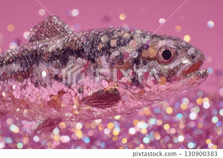 Single pink glitter fish with sequins and sparkles in fantasy style 130900383