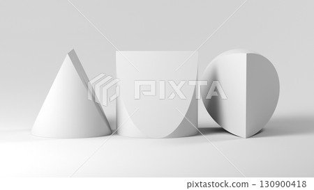 Abstract geometric installation of three white identical doubly truncated cylinders 130900418