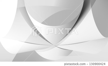 A modern, minimalist abstract design featuring smooth white and gray curving forms 130900424