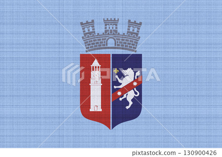 Official flag of the capital of Albania, Tirana, on fabric texture. Conceptual collage. Illustration Official flag of the capital of Albania, Tirana, on fabric texture. Conceptual collage. Illustration 130900426