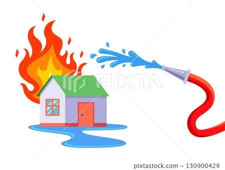 extinguish a burning house with a fire hose. 130900429