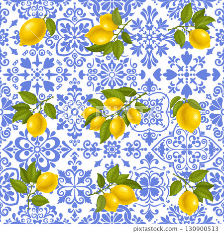 Lemon Seamless Pattern With Mediterranean Tiles With Floral Geometry Ornaments Lemon Seamless Pattern With Mediterranean Tiles With Floral Geometry Ornaments 130900513