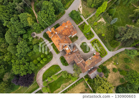 Aerial drone view over palace of Counts Schonborn. Chynadiieve, Ukraine. 130900603