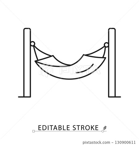 A hammock icon in minimalist style with editable stroke. Outdoor furniture, relaxation element, summer decor, leisure design, garden accessory, tropical rest, vacation symbol, comfort seat. A hammock icon in minimalist style with editable stroke. Outdoor furniture, relaxation element, summer decor, leisure design, garden accessory, tropical rest, vacation symbol, comfort seat. 130900611