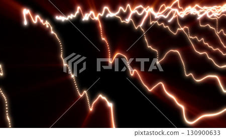 Intense glowing orange and red dotted lines ripple along an abstract terrain, resembling fiery energy waves in darkness 130900633
