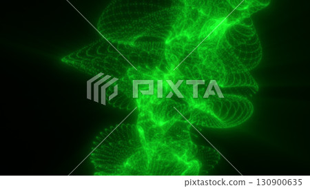 Vivid green glowing mesh twists into a complex spiral formation against a dark background, resembling a dynamic digital helix 130900635