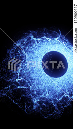 Abstract glowing blue sphere surrounded by energetic particle waves on a dark background Abstract glowing blue sphere surrounded by energetic particle waves on a dark background 130900637