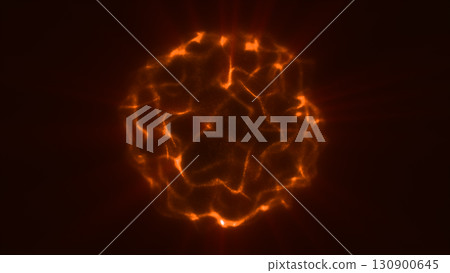 Glowing orange sphere with fiery plasma texture and radiant light emissions in a dark space 130900645