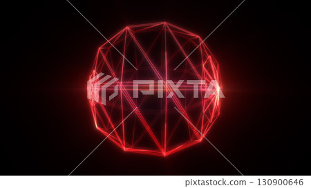 A 3D geometric sphere constructed from intersecting red neon lines, symbolizing a network of advanced technology and futuristic connections 130900646