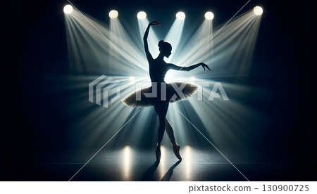 Silhouette of ballerina in graceful dance pose with glowing spotlight, cinematic elegant stage scene Silhouette of ballerina in graceful dance pose with glowing spotlight, cinematic elegant stage scene 130900725