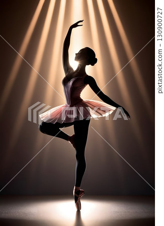 Silhouette of ballerina in graceful dance pose with glowing spotlight, cinematic elegant stage scene 130900727