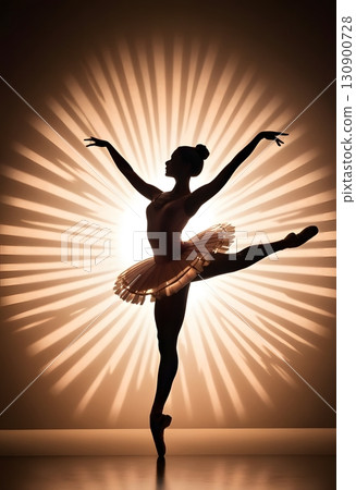 Silhouette of ballerina in graceful dance pose with glowing spotlight, cinematic elegant stage scene Silhouette of ballerina in graceful dance pose with glowing spotlight, cinematic elegant stage scene 130900728