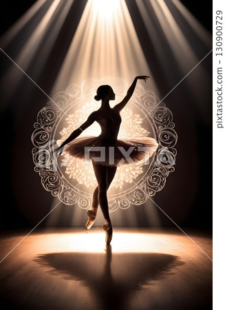 Silhouette of ballerina in graceful dance pose with glowing spotlight, cinematic elegant stage scene 130900729