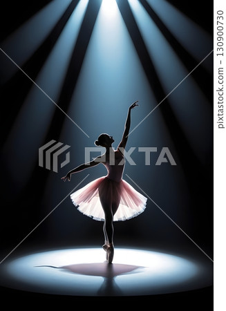 Silhouette of ballerina in graceful dance pose with glowing spotlight, cinematic elegant stage scene 130900730