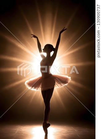 Silhouette of ballerina in graceful dance pose with glowing spotlight, cinematic elegant stage scene Silhouette of ballerina in graceful dance pose with glowing spotlight, cinematic elegant stage scene 130900737