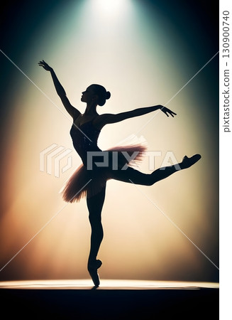 Silhouette of ballerina in graceful dance pose with glowing spotlight, cinematic elegant stage scene 130900740