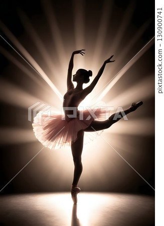 Silhouette of ballerina in graceful dance pose with glowing spotlight, cinematic elegant stage scene 130900741