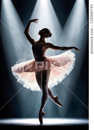 Silhouette of ballerina in graceful dance pose with glowing spotlight, cinematic elegant stage scene 130900743