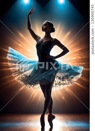 Silhouette of ballerina in graceful dance pose with glowing spotlight, cinematic elegant stage scene Silhouette of ballerina in graceful dance pose with glowing spotlight, cinematic elegant stage scene 130900745