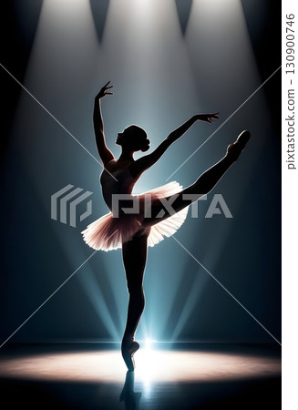 Silhouette of ballerina in graceful dance pose with glowing spotlight, cinematic elegant stage scene Silhouette of ballerina in graceful dance pose with glowing spotlight, cinematic elegant stage scene 130900746