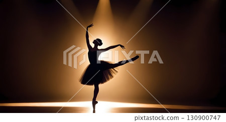 Silhouette of ballerina in graceful dance pose with glowing spotlight, cinematic elegant stage scene Silhouette of ballerina in graceful dance pose with glowing spotlight, cinematic elegant stage scene 130900747