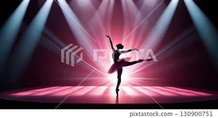 Silhouette of ballerina in graceful dance pose with glowing spotlight, cinematic elegant stage scene 130900751