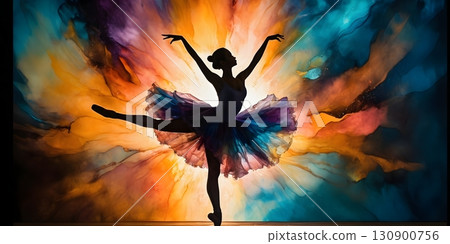 Silhouette of ballerina in graceful dance pose with glowing spotlight, cinematic elegant stage scene 130900756