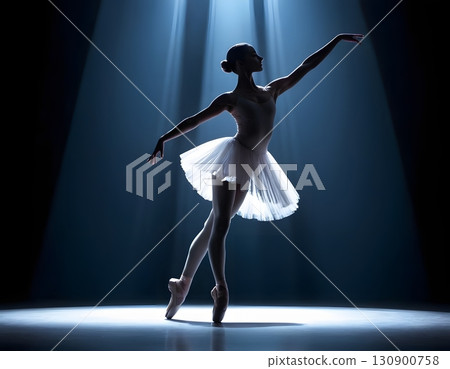 Silhouette of ballerina in graceful dance pose with glowing spotlight, cinematic elegant stage scene Silhouette of ballerina in graceful dance pose with glowing spotlight, cinematic elegant stage scene 130900758