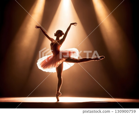 Silhouette of ballerina in graceful dance pose with glowing spotlight, cinematic elegant stage scene Silhouette of ballerina in graceful dance pose with glowing spotlight, cinematic elegant stage scene 130900759