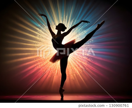 Silhouette of ballerina in graceful dance pose with glowing spotlight, cinematic elegant stage scene Silhouette of ballerina in graceful dance pose with glowing spotlight, cinematic elegant stage scene 130900761