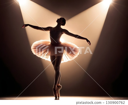 Silhouette of ballerina in graceful dance pose with glowing spotlight, cinematic elegant stage scene 130900762