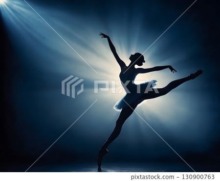 Silhouette of ballerina in graceful dance pose with glowing spotlight, cinematic elegant stage scene Silhouette of ballerina in graceful dance pose with glowing spotlight, cinematic elegant stage scene 130900763
