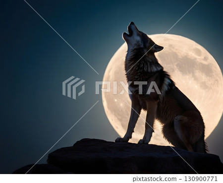 Wolf howling at full moon on rocky hill with dramatic night sky. for book covers, posters Wolf howling at full moon on rocky hill with dramatic night sky. for book covers, posters 130900771