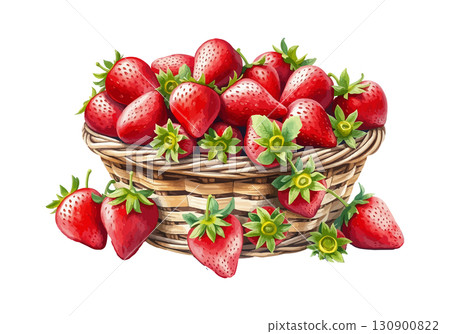 Watercolor vector illustration of a basket of strawberries. 130900822