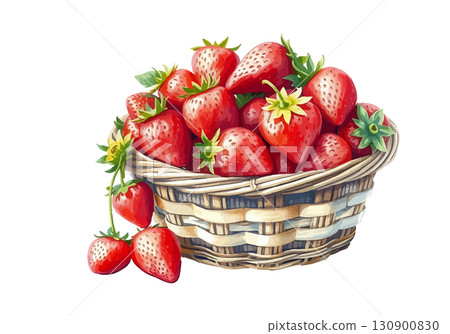 Watercolor vector illustration of a basket of strawberries. 130900830