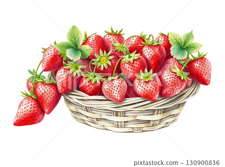 Watercolor vector illustration of a basket of strawberries. 130900836