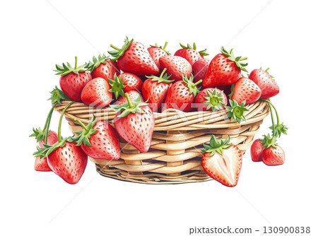 Watercolor vector illustration of a basket of strawberries. 130900838